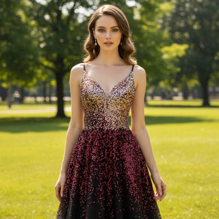 Spaghetti Strap Sequin Formal Dresses Evening Party Dance Gown - Rosymae