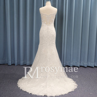 Spaghetti Strap V-neck Slit Mermaid Lace Wedding Dress - Rosymae