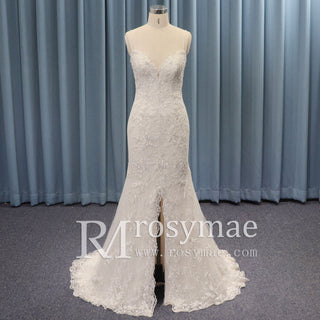 Spaghetti Strap V-neck Slit Mermaid Lace Wedding Dress - Rosymae