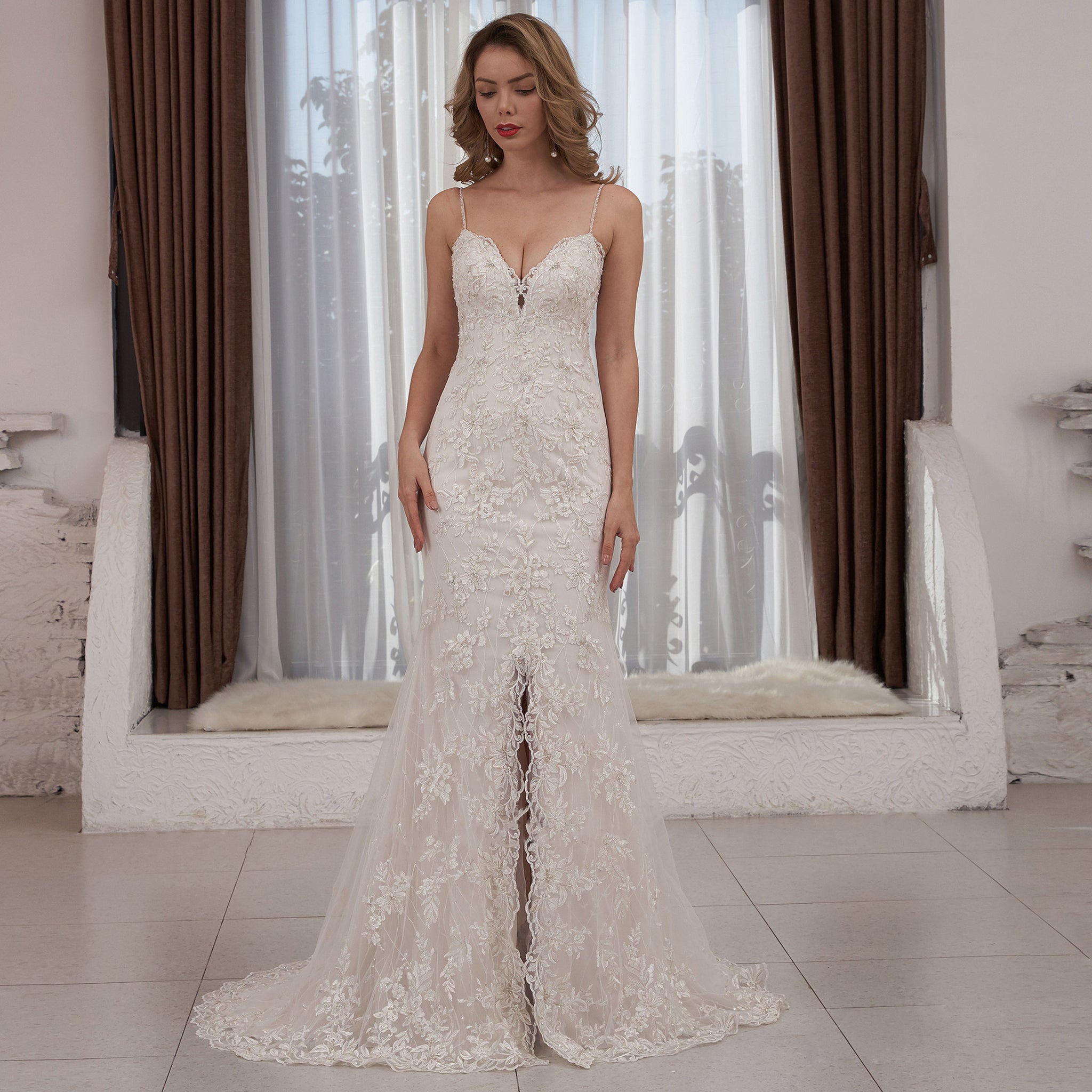 Spaghetti Strap V-neck Slit Mermaid Lace Wedding Dress - Rosymae