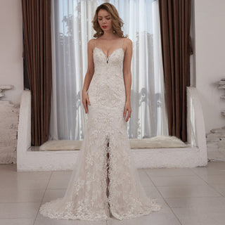 Spaghetti Strap V-neck Slit Mermaid Lace Wedding Dress - Rosymae