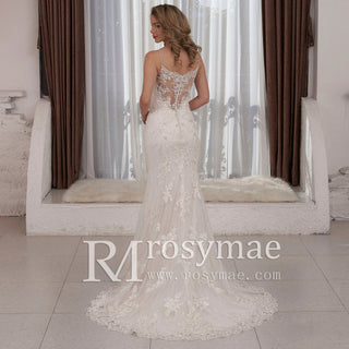 Spaghetti Strap V-neck Slit Mermaid Lace Wedding Dress - Rosymae