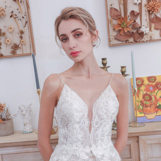Spaghetti Strap V-neckline Lace Mermaid Wedding Dress With Beading - Rosymae