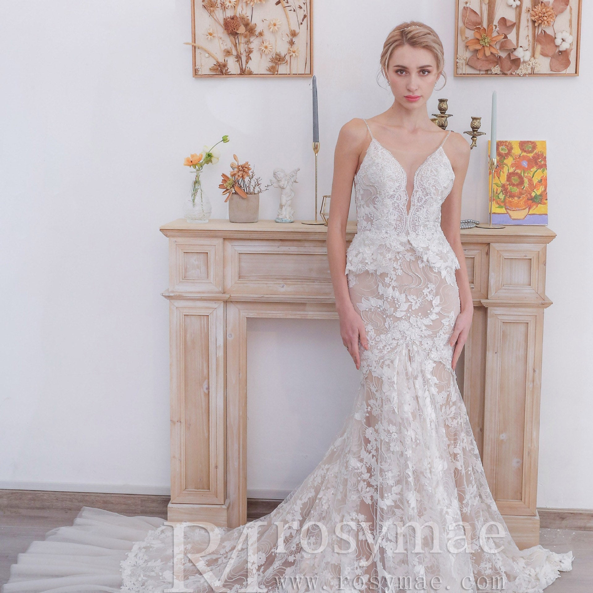 Spaghetti Strap V-neckline Lace Mermaid Wedding Dress With Beading - Rosymae