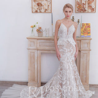 Spaghetti Strap V-neckline Lace Mermaid Wedding Dress With Beading - Rosymae