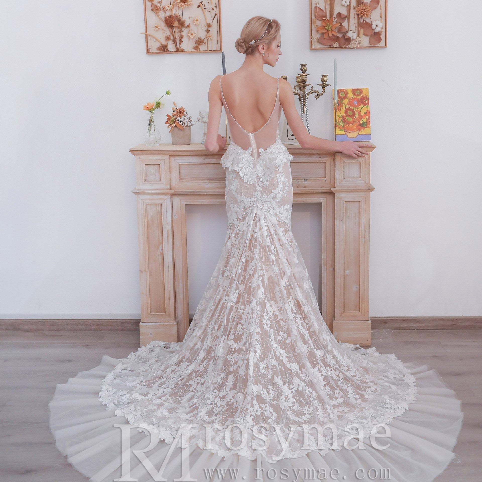 Spaghetti Strap V-neckline Lace Mermaid Wedding Dress With Beading - Rosymae