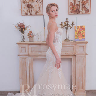 Spaghetti Strap Vintage Mermaid Lace Appliques Wedding Dress - Rosymae