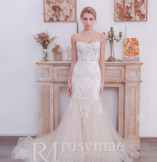 Spaghetti Strap Vintage Mermaid Lace Appliques Wedding Dress - Rosymae