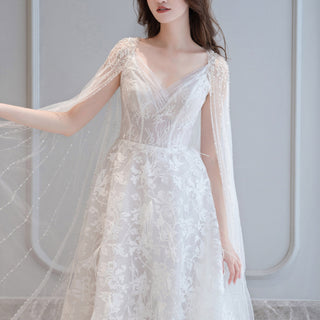 A-line Lace Wedding Dresses & Bridal with Capes and Feathers