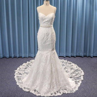 Spaghetti Straps Tumpet Lace Wedding Dress with Long Train