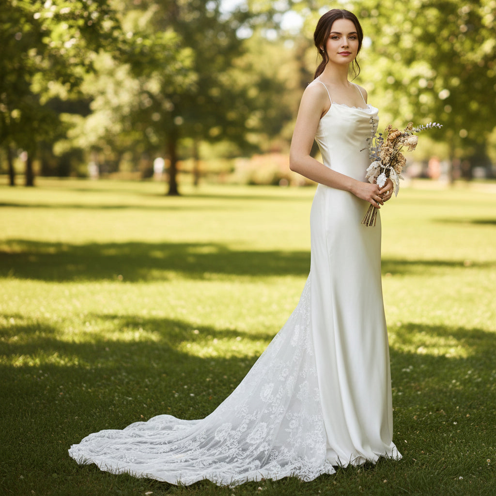 Fit Flare Satin Lace Spaghetti Strap Wedding Dress Bridal Gown Rosymae Fit Flare Satin Lace Spaghetti Strap Wedding Dress Bridal Gown Rosymae