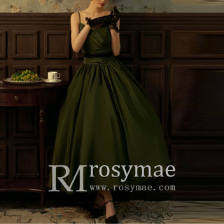 Moss Green Spaghetti Strap Formal Dress with Tea Length for Women