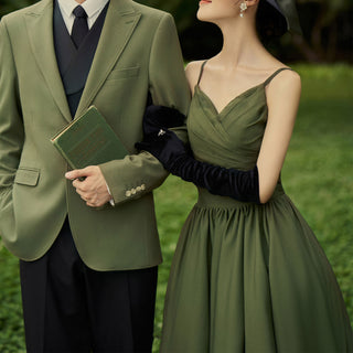 Moss Green Spaghetti Strap Formal Dress with Tea Length for Women