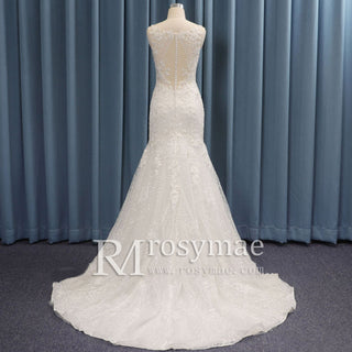 Spaghetti Strap Sheer Bodice Sparkly Trumpet Wedding Dress