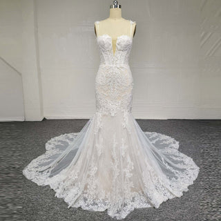 Spaghetti Straps Mermaid Lace Wedding Dresses with Long Train - Rosymae