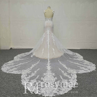 Spaghetti Straps Mermaid Lace Wedding Dresses with Long Train - Rosymae