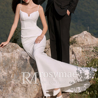 Spaghetti Straps Mermaid Satin Wedding Dress Bridal Gown - Rosymae