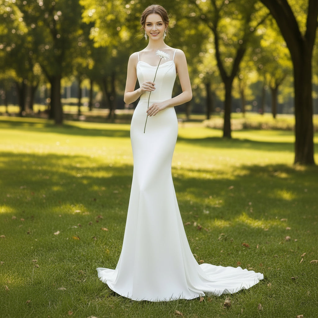 Spaghetti Straps Simple Satin Mermaid Wedding Dress with Open Back Rosymae Spaghetti Straps Simple Satin Mermaid Wedding Dress with Open Back Rosymae