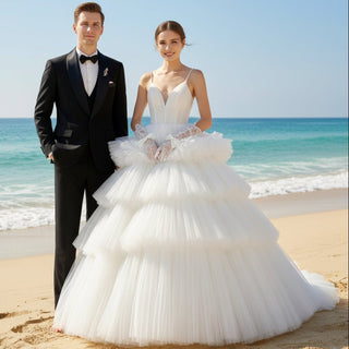 Spaghetti Straps Multi Tulle V-neck Wedding Dress with Brush Train - Rosymae