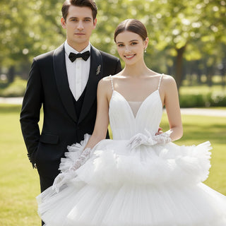 Spaghetti Straps Multi Tulle V-neck Wedding Dress with Brush Train - Rosymae
