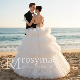 Spaghetti Straps Multi Tulle V-neck Wedding Dress with Brush Train - Rosymae