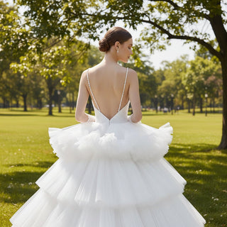 Spaghetti Straps Multi Tulle V-neck Wedding Dress with Brush Train - Rosymae