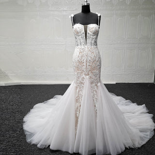 Spaghetti Straps Ruched Multi Tulle Trumpet Wedding Dresses - Rosymae