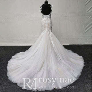 Spaghetti Straps Ruched Multi Tulle Trumpet Wedding Dresses - Rosymae