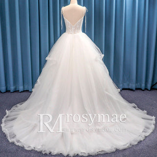 Spaghetti Ruched Ball Gowns Wedding Dresses with Cathedral Train