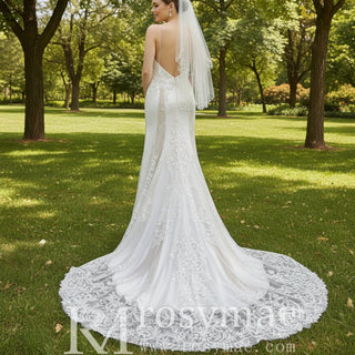 Spaghetti Straps Sheer Lace Mermaid Wedding Dress Open Back - Rosymae