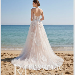 Spaghetti Straps Tulle Wedding Dress with Deep V-neckline - Rosymae