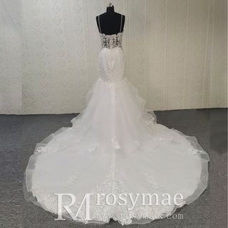 Spaghetti Straps V Neck Trumpet Ruffle Western Wedding Dress - Rosymae