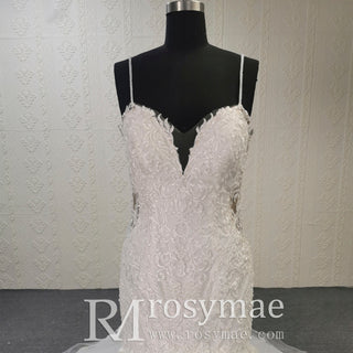 Spaghetti Straps V Neck Trumpet Ruffle Western Wedding Dress - Rosymae