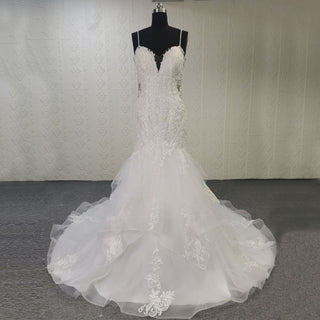 Spaghetti Straps V Neck Trumpet Ruffle Western Wedding Dress - Rosymae