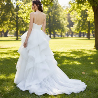 Spaghetti Straps V-neck Wedding Dress with Layered Tulle - Rosymae