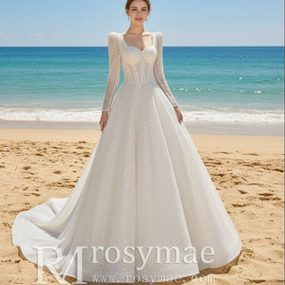 Sparkly A-line Open Back Wedding Dress with Long Sleeve - Rosymae