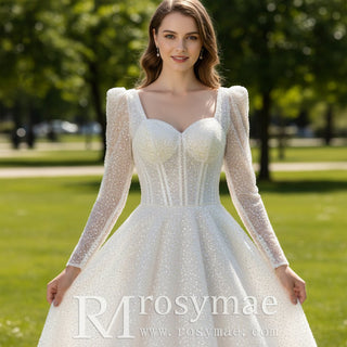 Sparkly A-line Open Back Wedding Dress with Long Sleeve - Rosymae