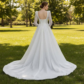 Sparkly A-line Open Back Wedding Dress with Long Sleeve - Rosymae