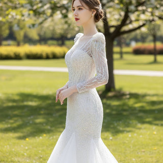 Sparkly Crystal Long Sleeve Fit and Flare Wedding Dress - Rosymae