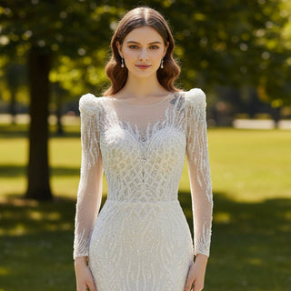 Sparkly Crystal Long Sleeve Fit and Flare Wedding Dress - Rosymae