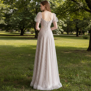 Sparkly Formal Gown Sheer Bodice Party Dress with Half Sleeve - Rosymae