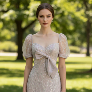 Sparkly Formal Gown Sheer Bodice Party Dress with Half Sleeve - Rosymae