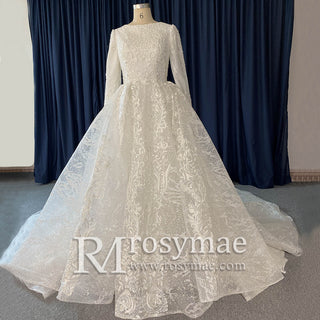 Sparkly Lace Long Sleeves Illusion Boat Neck Ball Gown Wedding Dress - Rosymae