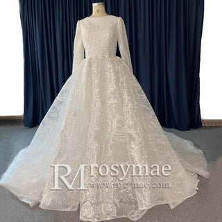 Sparkly Lace Long Sleeves Illusion Boat Neck Ball Gown Wedding Dress - Rosymae