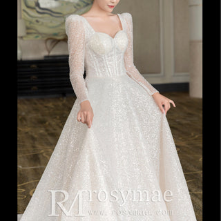 Sparkly A-line Open Back Wedding Dress with Long Sleeve