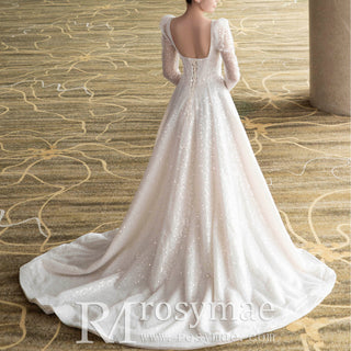 Sparkly A-line Open Back Wedding Dress with Long Sleeve