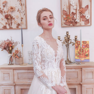 Sparkly Long Sleeve Lace A-Line Wedding Dress with Glitter Tulle - Rosymae