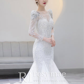 Puffy Long Sleeve Sparkly Crystal Wedding Dress Fit and Flare Skirt