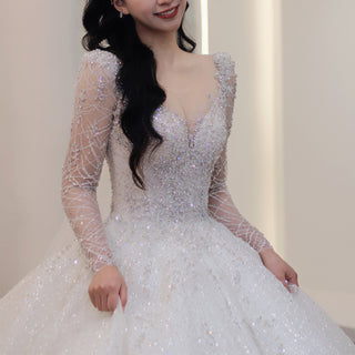 Sparkly Ball Gown Long Sleeve Wedding Dress with Long Bowknot