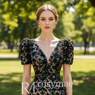 Sparkly Sequins V Neck Mermaid Evening Dress Prom Party Gown - Rosymae